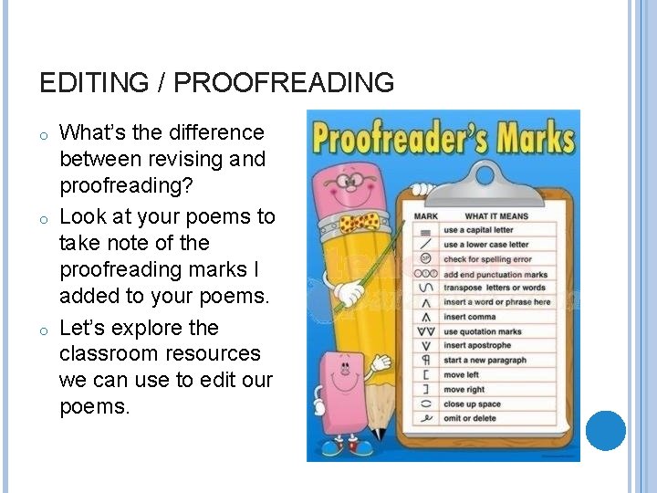 EDITING / PROOFREADING o o o What’s the difference between revising and proofreading? Look