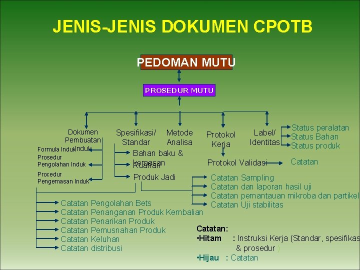 JENIS-JENIS DOKUMEN CPOTB PEDOMAN MUTU PROSEDUR MUTU Dokumen Pembuatan Formula Induk Prosedur Pengolahan Induk