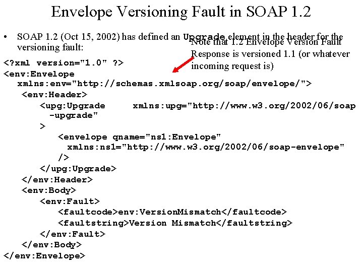 Envelope Versioning Fault in SOAP 1. 2 • SOAP 1. 2 (Oct 15, 2002)