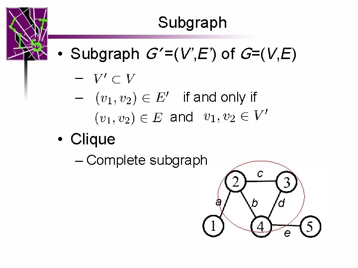 Subgraph • Subgraph G’ =(V’, E’) of G=(V, E) – – if and only