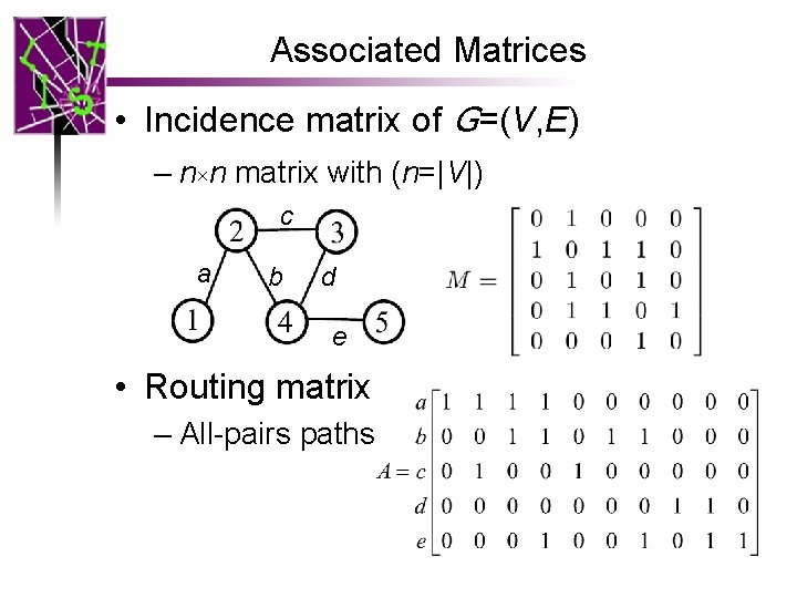 Associated Matrices • Incidence matrix of G=(V, E) – n×n matrix with (n=|V|) c
