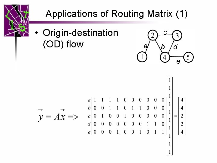 Applications of Routing Matrix (1) • Origin-destination (OD) flow c a b d e