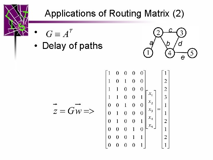 Applications of Routing Matrix (2) • • Delay of paths c a b d