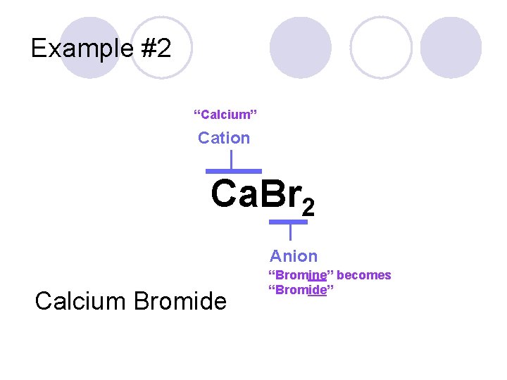 Example #2 “Calcium” Cation Ca. Br 2 Anion Calcium Bromide “Bromine” becomes “Bromide” 
