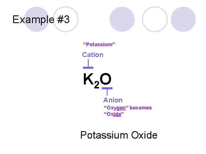 Example #3 “Potassium” Cation K 2 O Anion “Oxygen” becomes “Oxide” Potassium Oxide 