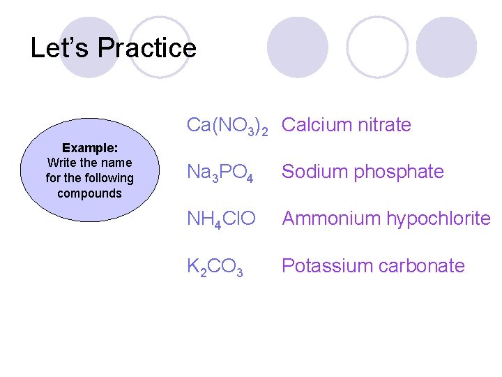 Let’s Practice Ca(NO 3)2 Calcium nitrate Example: Write the name for the following compounds
