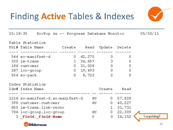 Finding Active Tables & Indexes 15: 18: 35 Pro. Top xx -- Progress Database