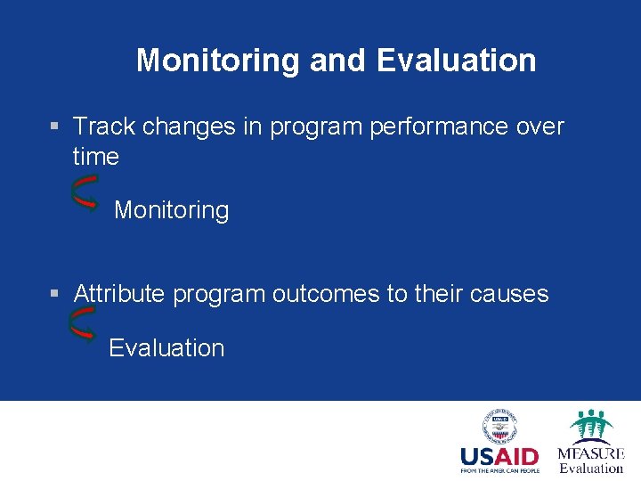 Monitoring and Evaluation § Track changes in program performance over time Monitoring § Attribute