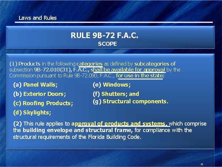 Laws and Rules RULE 9 B-72 F. A. C. SCOPE (1) Products in the