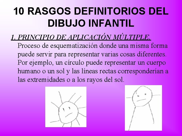 10 RASGOS DEFINITORIOS DEL DIBUJO INFANTIL 1. PRINCIPIO DE APLICACIÓN MÚLTIPLE. Proceso de esquematización