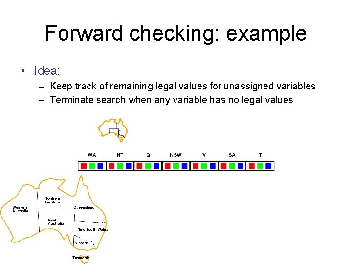 Forward checking: example • Idea: – Keep track of remaining legal values for unassigned