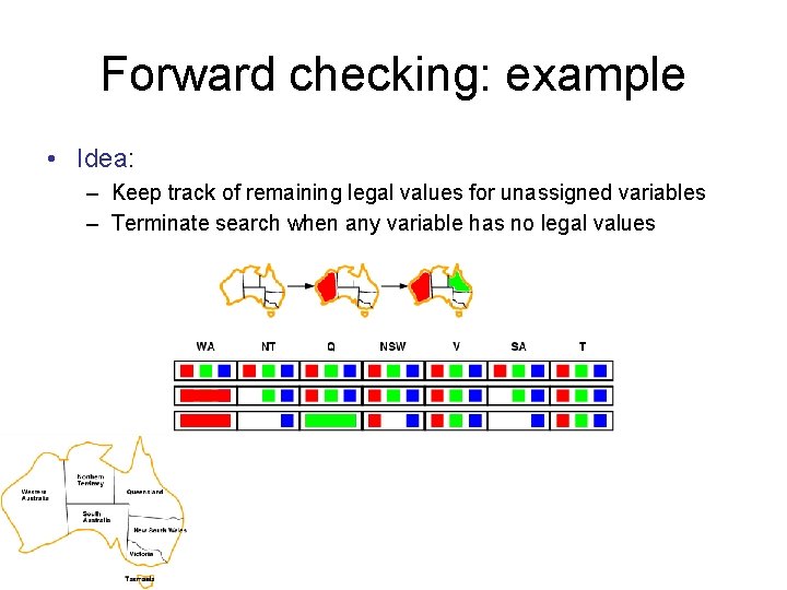 Forward checking: example • Idea: – Keep track of remaining legal values for unassigned