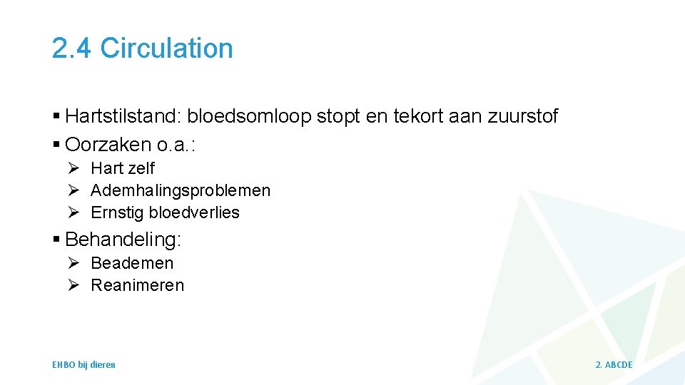 2. 4 Circulation § Hartstilstand: bloedsomloop stopt en tekort aan zuurstof § Oorzaken o.