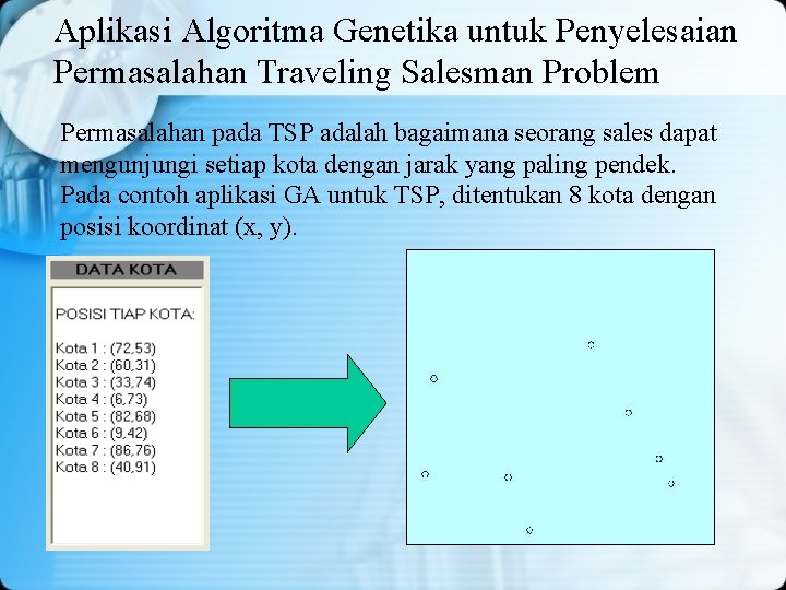 Aplikasi Algoritma Genetika untuk Penyelesaian Permasalahan Traveling Salesman Problem Permasalahan pada TSP adalah bagaimana Aplikasi Algoritma Genetika untuk Penyelesaian Permasalahan Traveling Salesman Problem Permasalahan pada TSP adalah bagaimana
