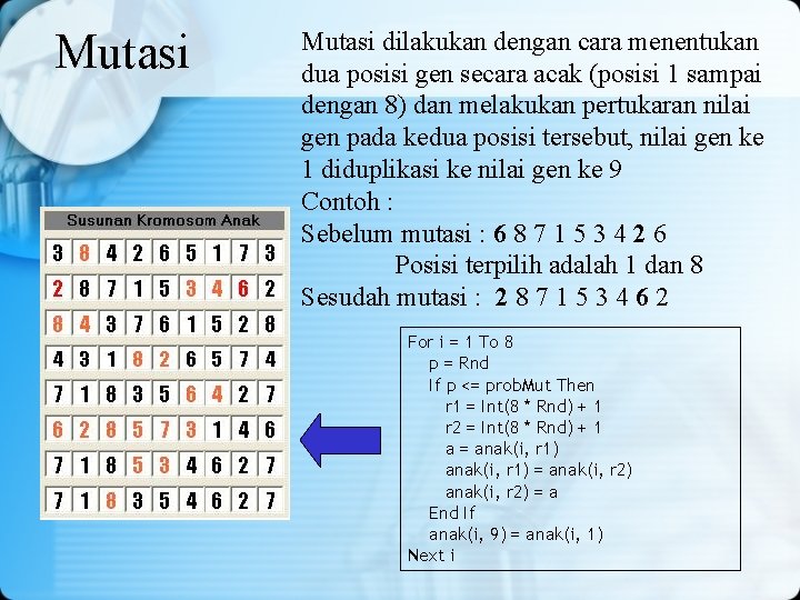 Mutasi dilakukan dengan cara menentukan dua posisi gen secara acak (posisi 1 sampai dengan Mutasi dilakukan dengan cara menentukan dua posisi gen secara acak (posisi 1 sampai dengan
