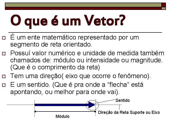 O que é um Vetor? o o É um ente matemático representado por um