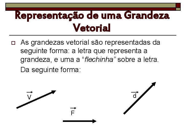 Representação de uma Grandeza Vetorial o As grandezas vetorial são representadas da seguinte forma: