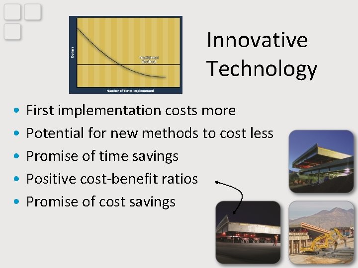 Innovative Technology • • • First implementation costs more Potential for new methods to