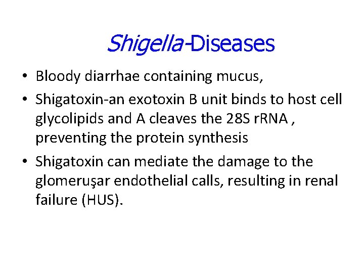 Shigella-Diseases • Bloody diarrhae containing mucus, • Shigatoxin-an exotoxin B unit binds to host Shigella-Diseases • Bloody diarrhae containing mucus, • Shigatoxin-an exotoxin B unit binds to host