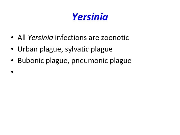 Yersinia • • All Yersinia infections are zoonotic Urban plague, sylvatic plague Bubonic plague, Yersinia • • All Yersinia infections are zoonotic Urban plague, sylvatic plague Bubonic plague,