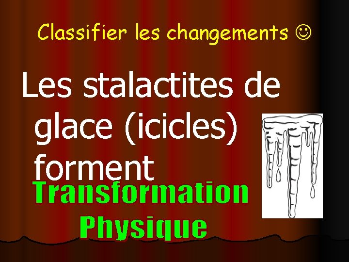 Classifier les changements Les stalactites de glace (icicles) forment 