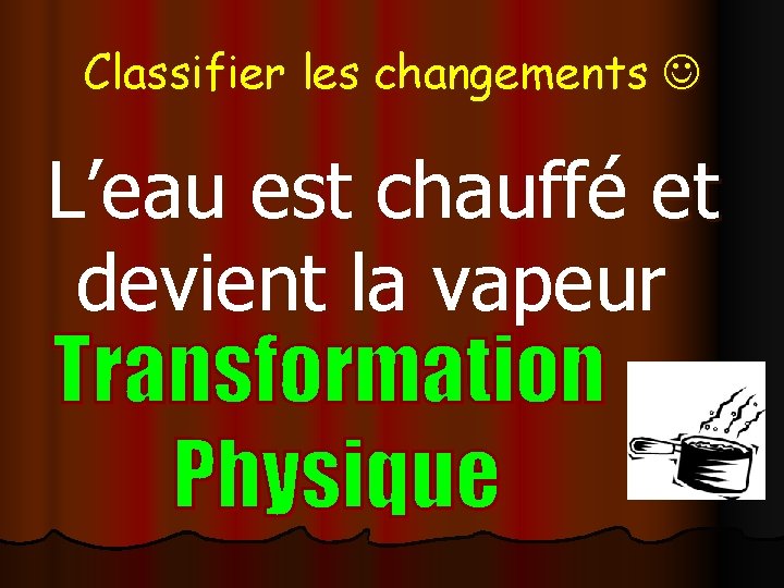 Classifier les changements L’eau est chauffé et devient la vapeur 