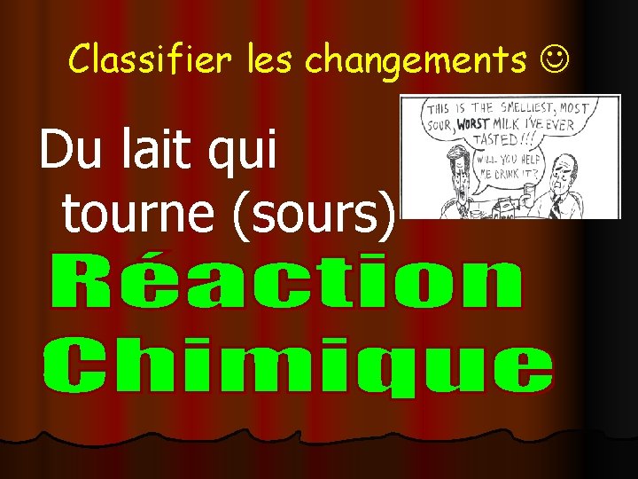 Classifier les changements Du lait qui tourne (sours) 