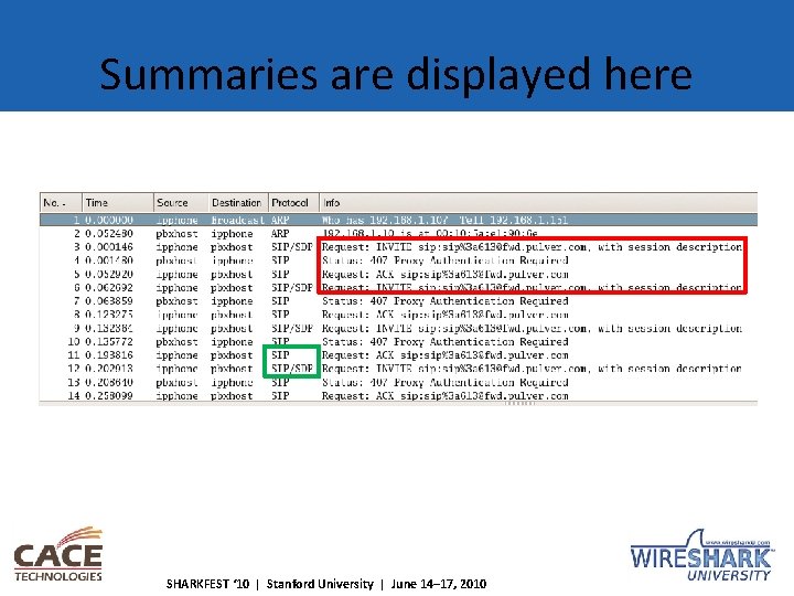 Summaries are displayed here SHARKFEST ‘ 10 | Stanford University | June 14– 17,