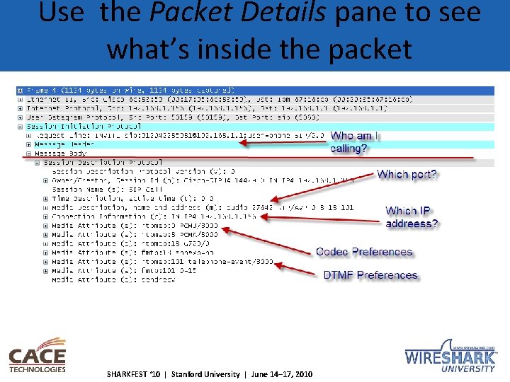 Use the Packet Details pane to see what’s inside the packet SHARKFEST ‘ 10
