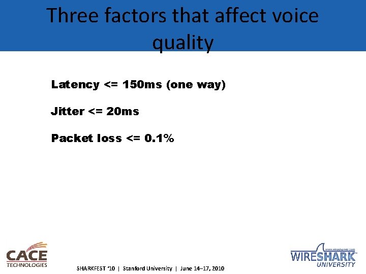 Three factors that affect voice quality Latency <= 150 ms (one way) Jitter <=