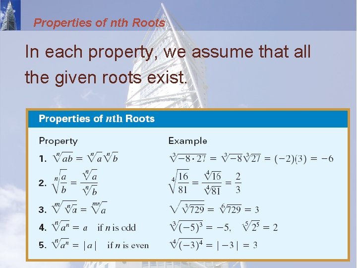 Properties of nth Roots In each property, we assume that all the given roots