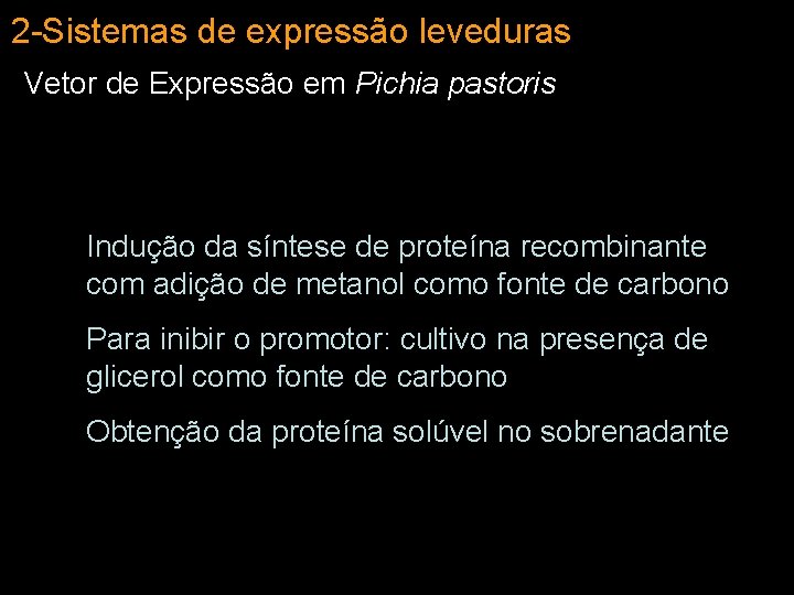 2 -Sistemas de expressão leveduras Vetor de Expressão em Pichia pastoris Indução da síntese