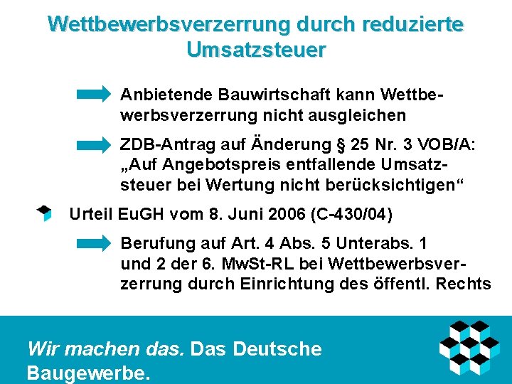 Wettbewerbsverzerrung durch reduzierte Umsatzsteuer Anbietende Bauwirtschaft kann Wettbewerbsverzerrung nicht ausgleichen ZDB-Antrag auf Änderung §