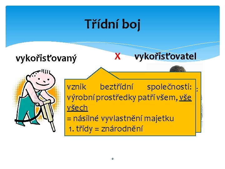 Třídní boj X vykořisťovaný vykořisťovatel vznik beztřídní společnosti: Změna: socialistická revoluce: výrobní prostředky všem,