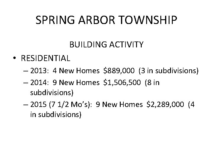 SPRING ARBOR TOWNSHIP BUILDING ACTIVITY • RESIDENTIAL – 2013: 4 New Homes $889, 000