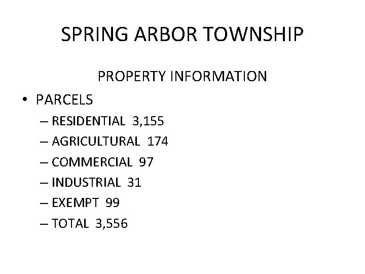 SPRING ARBOR TOWNSHIP PROPERTY INFORMATION • PARCELS – RESIDENTIAL 3, 155 – AGRICULTURAL 174