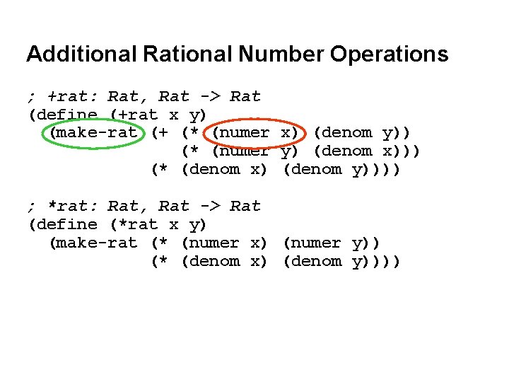 Additional Rational Number Operations ; +rat: Rat, Rat -> Rat (define (+rat x y)