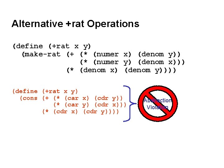 Alternative +rat Operations (define (+rat x y) (make-rat (+ (* (numer x) (denom y))