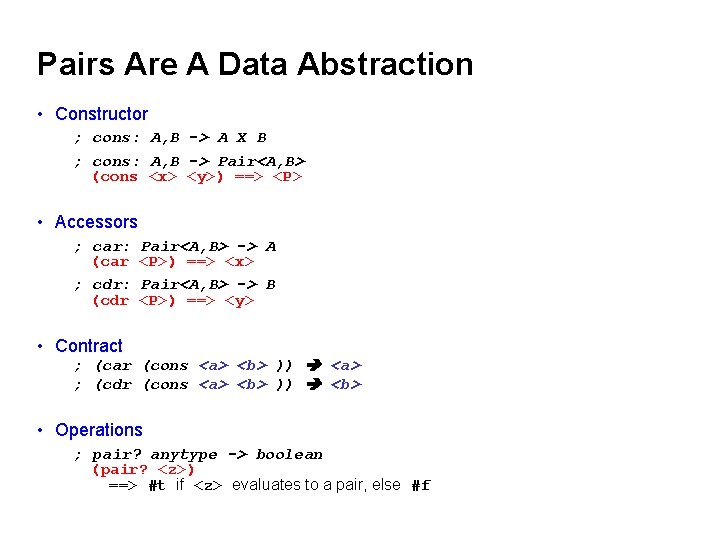 Pairs Are A Data Abstraction • Constructor ; cons: A, B -> A X