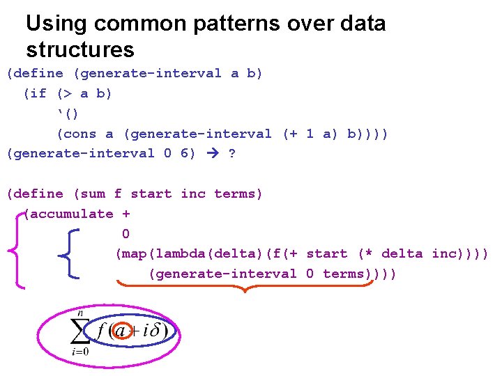 Using common patterns over data structures (define (generate-interval a b) (if (> a b)