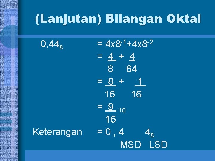 (Lanjutan) Bilangan Oktal 0, 448 Keterangan = 4 x 8 -1+4 x 8 -2