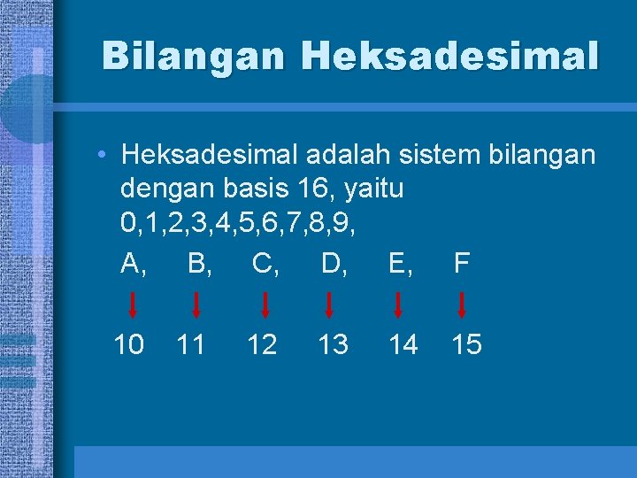 Bilangan Heksadesimal • Heksadesimal adalah sistem bilangan dengan basis 16, yaitu 0, 1, 2,