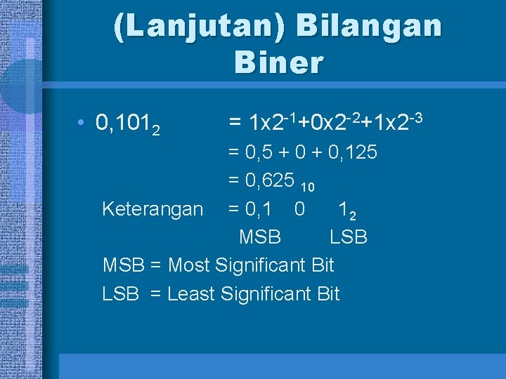 (Lanjutan) Bilangan Biner • 0, 1012 = 1 x 2 -1+0 x 2 -2+1