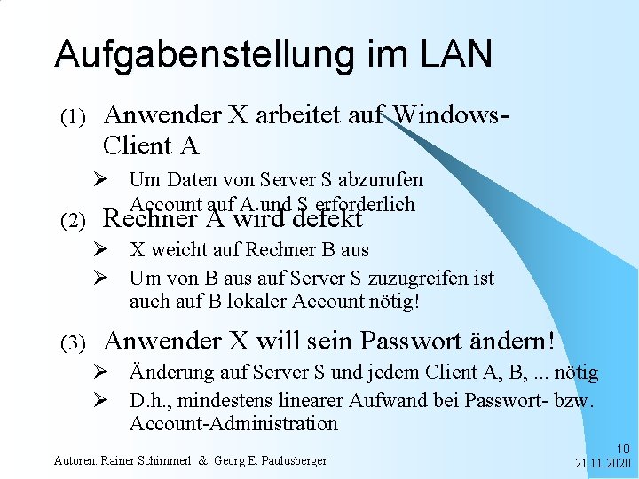 Aufgabenstellung im LAN (1) (2) Anwender X arbeitet auf Windows. Client A Ø Um