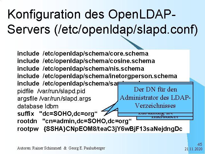 Konfiguration des Open. LDAPServers (/etc/openldap/slapd. conf) include /etc/openldap/schema/core. schema include /etc/openldap/schema/cosine. schema include /etc/openldap/schema/nis.