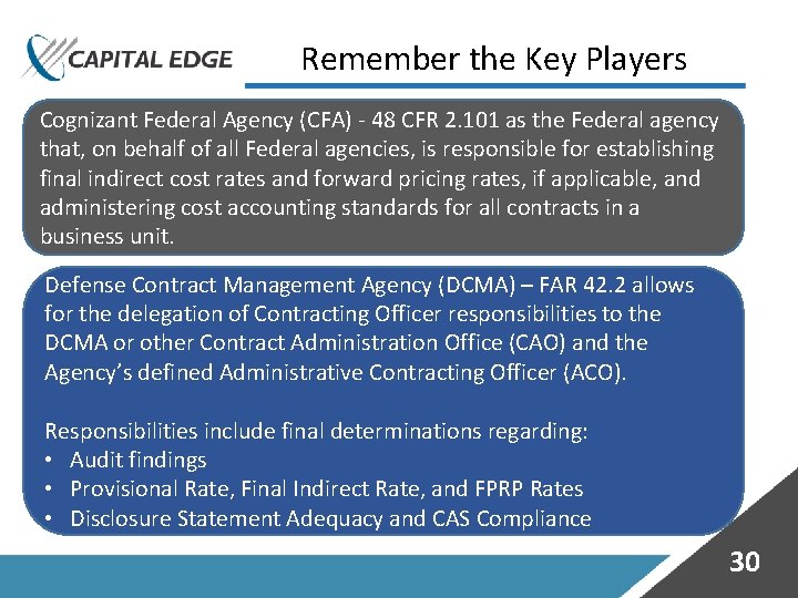 Remember the Key Players Cognizant Federal Agency (CFA) - 48 CFR 2. 101 as