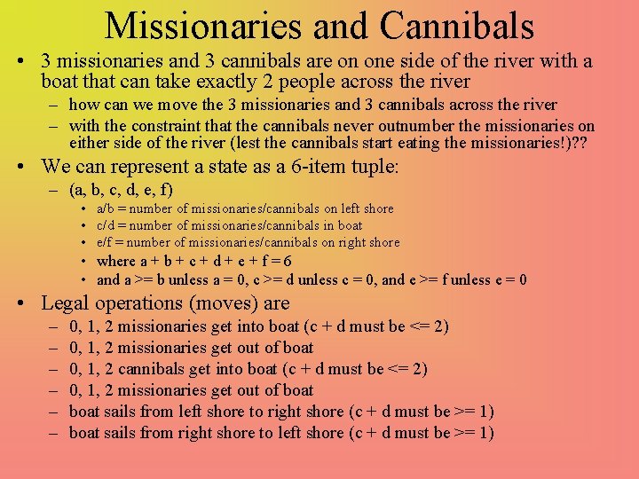 Missionaries and Cannibals • 3 missionaries and 3 cannibals are on one side of