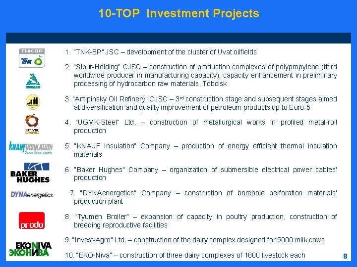 10 -TOP Investment Projects 1. “TNK-ВР” JSC – development of the cluster of Uvat