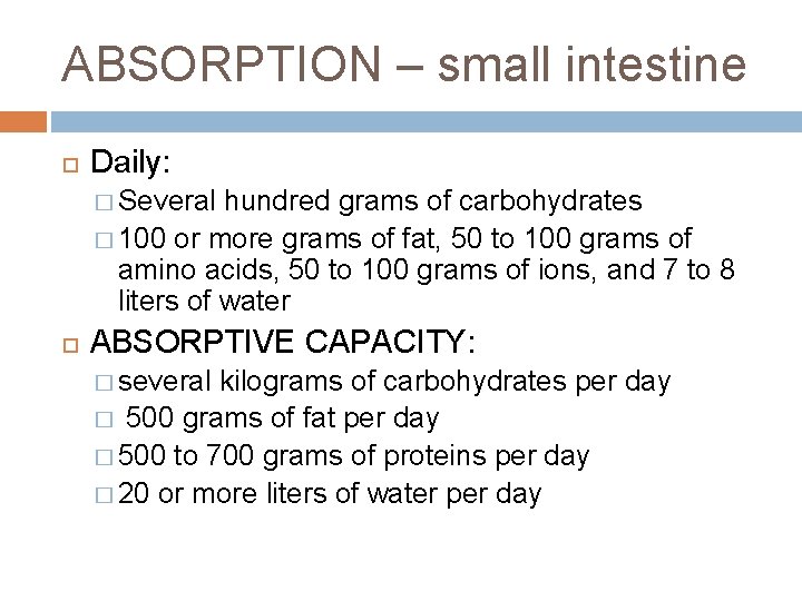 ABSORPTION – small intestine Daily: � Several hundred grams of carbohydrates � 100 or