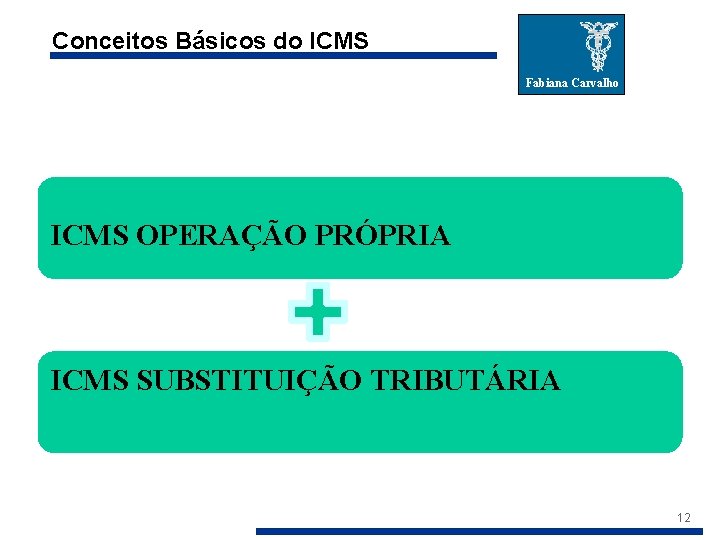 Conceitos Básicos do ICMS Fabiana Carvalho ICMS OPERAÇÃO PRÓPRIA ICMS SUBSTITUIÇÃO TRIBUTÁRIA 12 